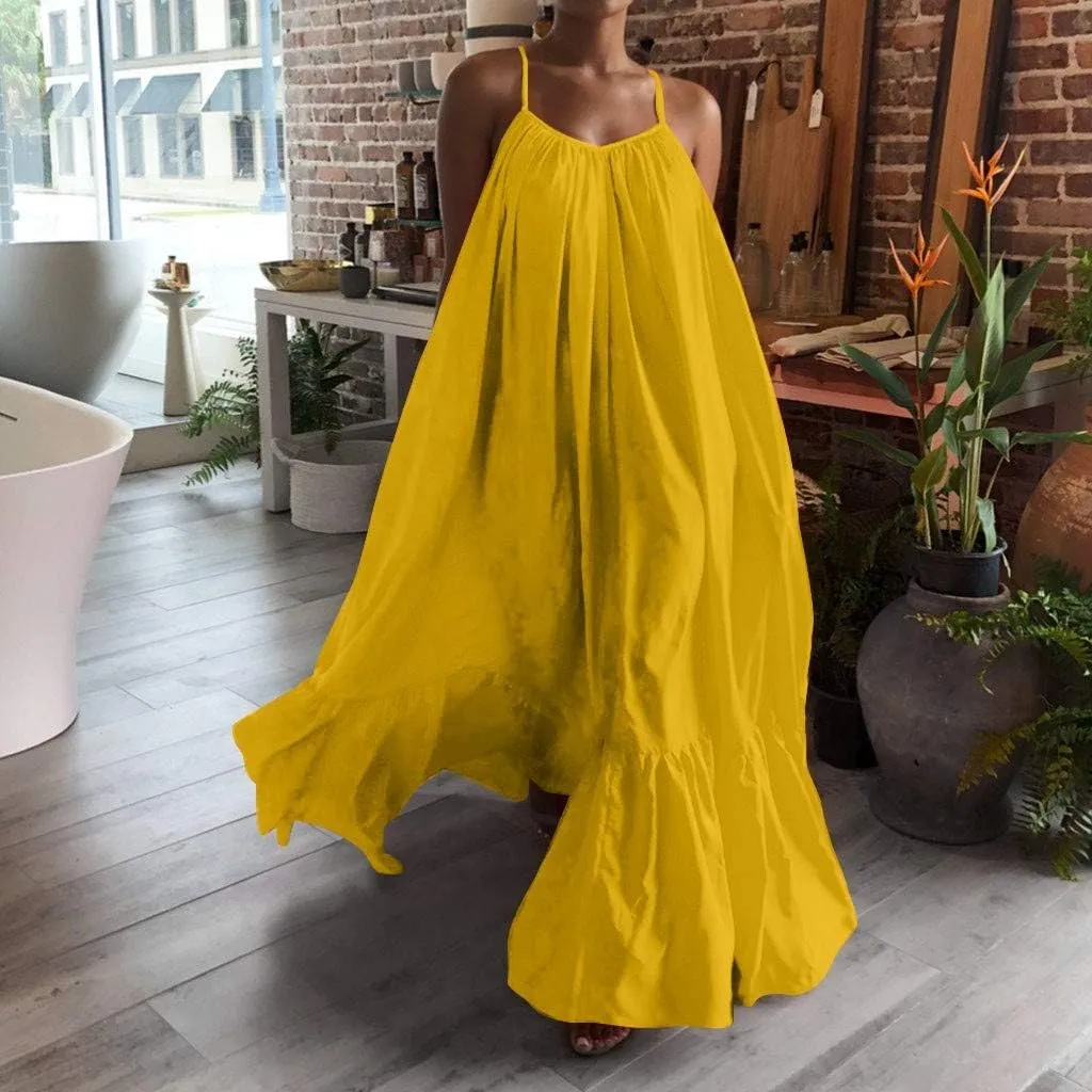 Womens Sexy Spaghetti Strap Sleeveless Ruched Ruffle Hem Bandage Oversized Summer Beach Loose Long Maxi Swing Dress