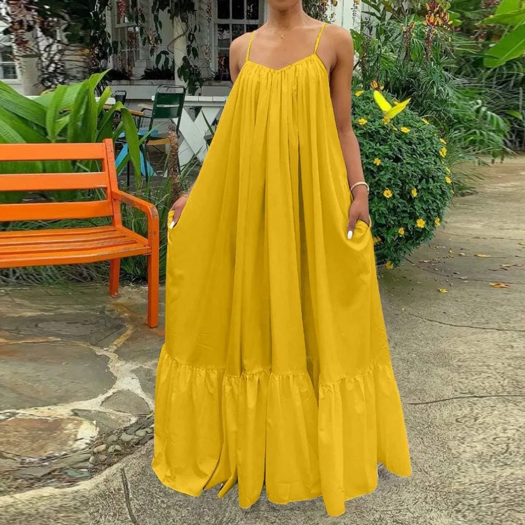Womens Sexy Spaghetti Strap Sleeveless Ruched Ruffle Hem Bandage Oversized Summer Beach Loose Long Maxi Swing Dress