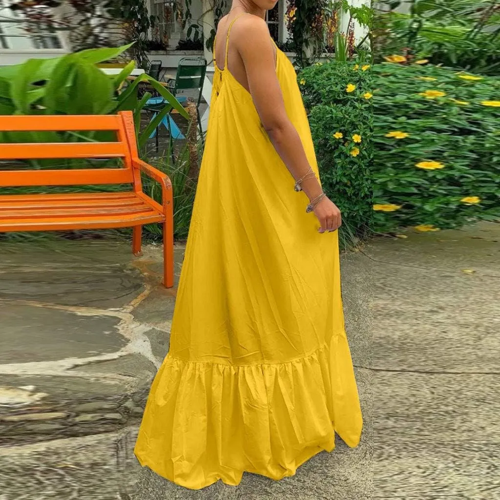 Womens Sexy Spaghetti Strap Sleeveless Ruched Ruffle Hem Bandage Oversized Summer Beach Loose Long Maxi Swing Dress