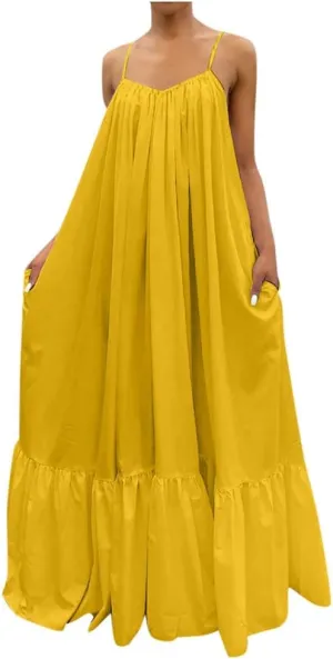 Womens Sexy Spaghetti Strap Sleeveless Ruched Ruffle Hem Bandage Oversized Summer Beach Loose Long Maxi Swing Dress