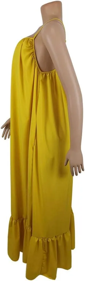 Womens Sexy Spaghetti Strap Sleeveless Ruched Ruffle Hem Bandage Oversized Summer Beach Loose Long Maxi Swing Dress