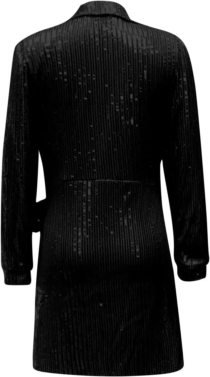 Women's Sexy Trendy Formal V Neck Long Sleeve Dress Sequins Solid Prom Party Cocktail Dresses Plus, S-3XL