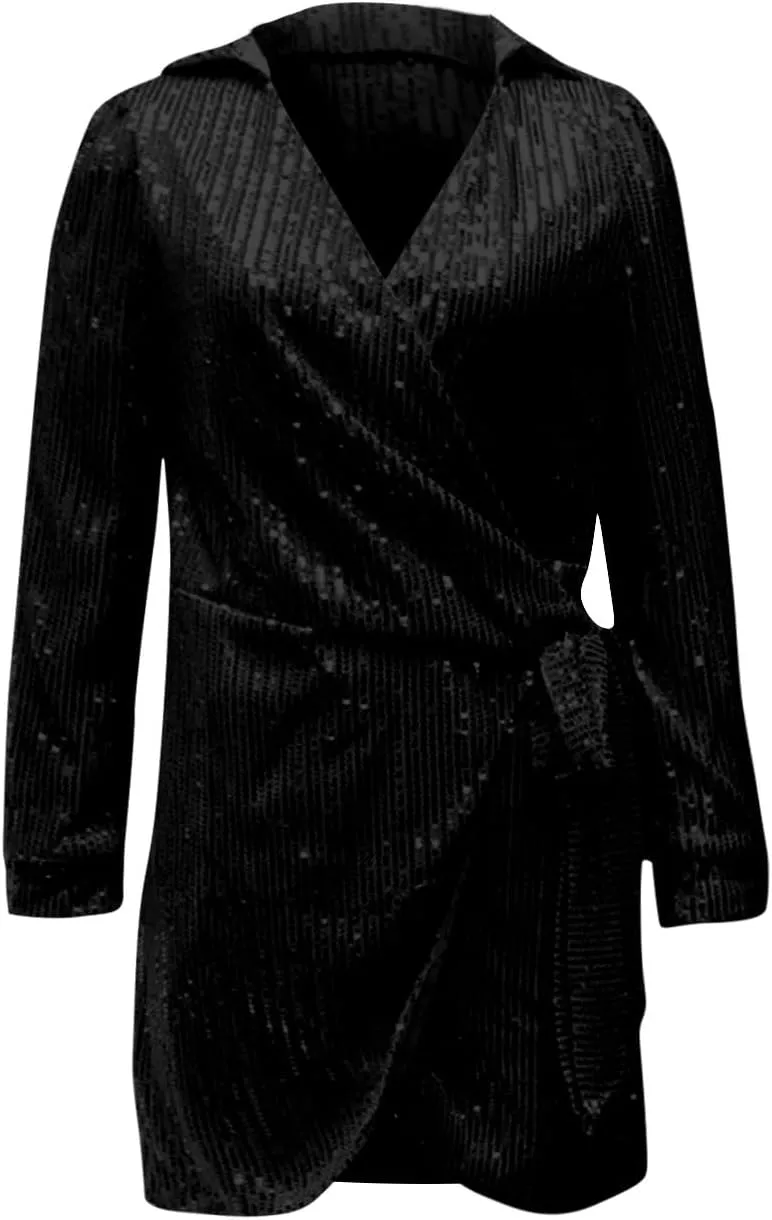 Women's Sexy Trendy Formal V Neck Long Sleeve Dress Sequins Solid Prom Party Cocktail Dresses Plus, S-3XL