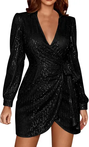 Women's Sexy Trendy Formal V Neck Long Sleeve Dress Sequins Solid Prom Party Cocktail Dresses Plus, S-3XL