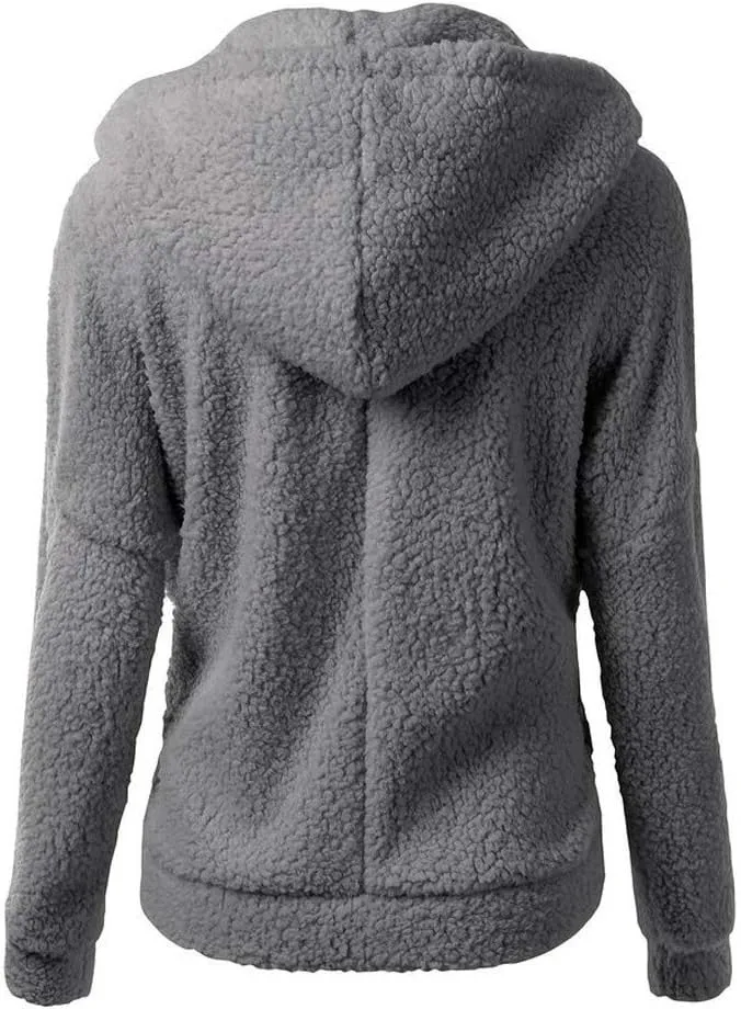 Womens Sherpa Jacket Fuzzy Plus Size Zip Up Hoodie Soft Comfy Fleece Lined Winter Coat with Pockets Warm Outerwear
