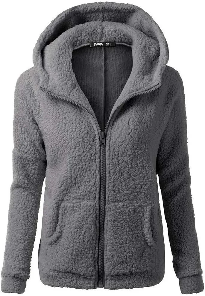 Womens Sherpa Jacket Fuzzy Plus Size Zip Up Hoodie Soft Comfy Fleece Lined Winter Coat with Pockets Warm Outerwear