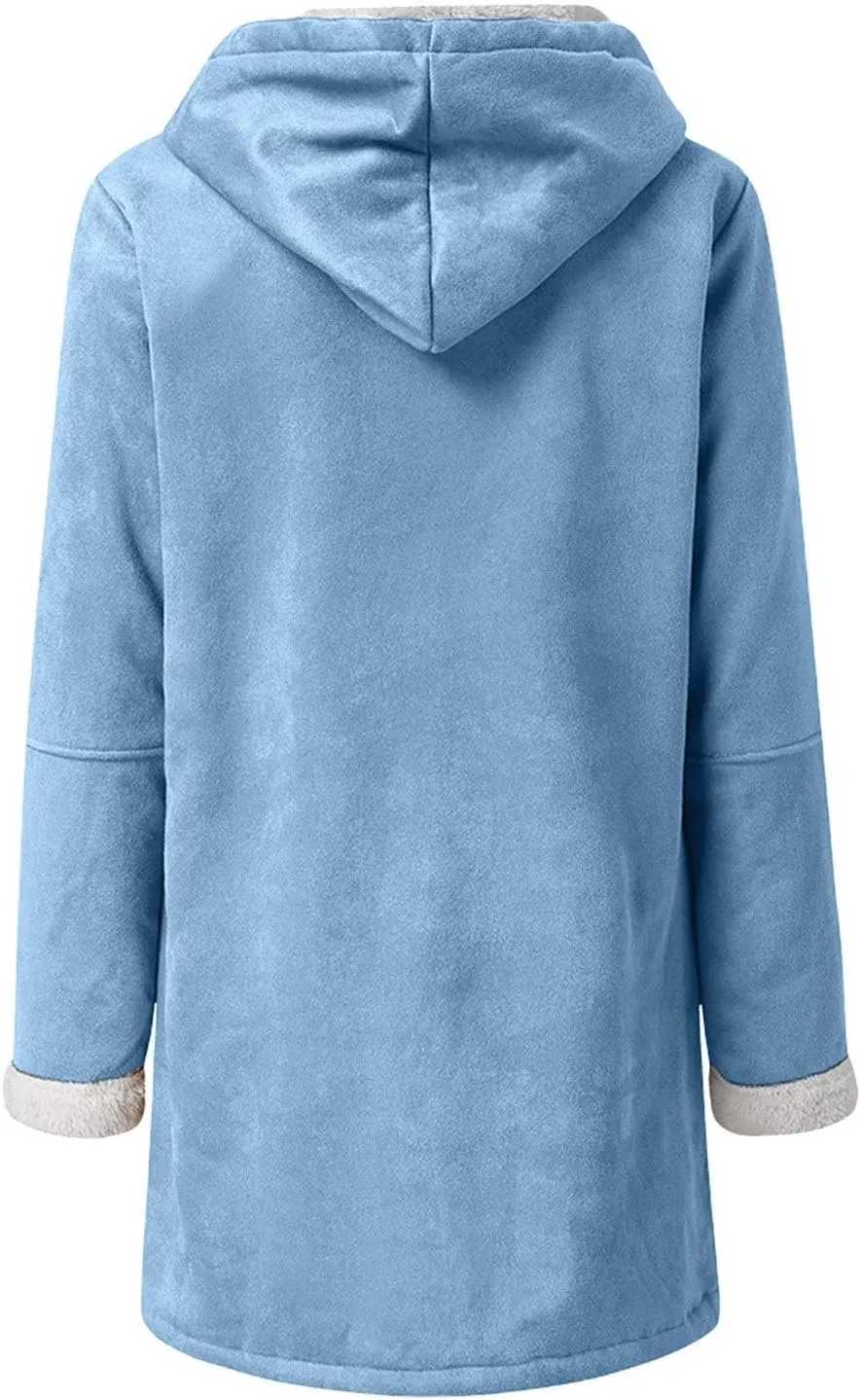 Womens Sherpa Lined Jackets Fashion Winter Fuzzy Fleece Hoodie Sweatshirt Casual Soft Cozy Horn Button Down Coats