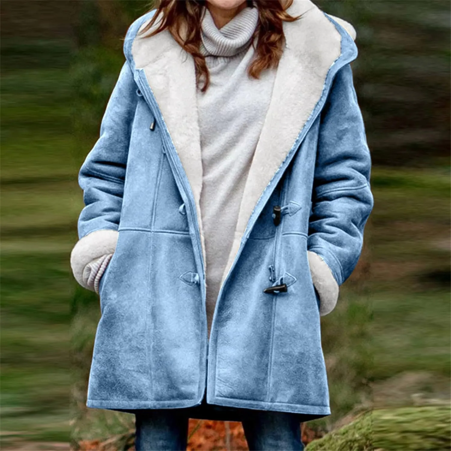 Womens Sherpa Lined Jackets Fashion Winter Fuzzy Fleece Hoodie Sweatshirt Casual Soft Cozy Horn Button Down Coats