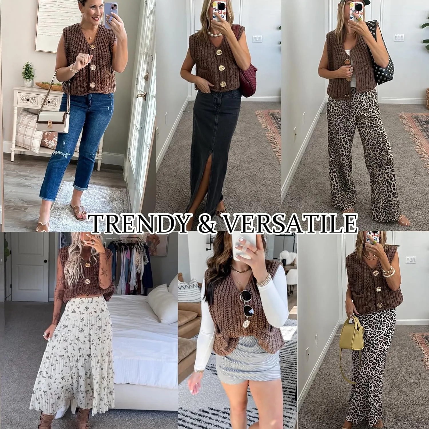 Womens Sleeveless Crop Chunky Knit Cardigan Sweater Vest Trendy Button Down Crochet Knitted Vest Top with Pockets
