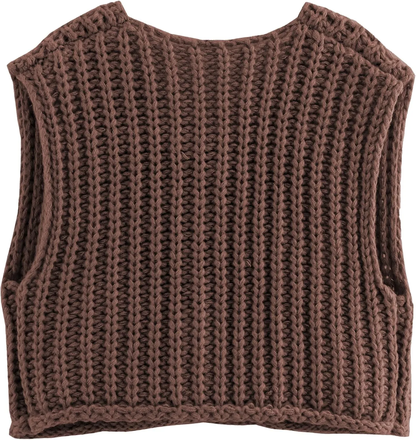 Womens Sleeveless Crop Chunky Knit Cardigan Sweater Vest Trendy Button Down Crochet Knitted Vest Top with Pockets
