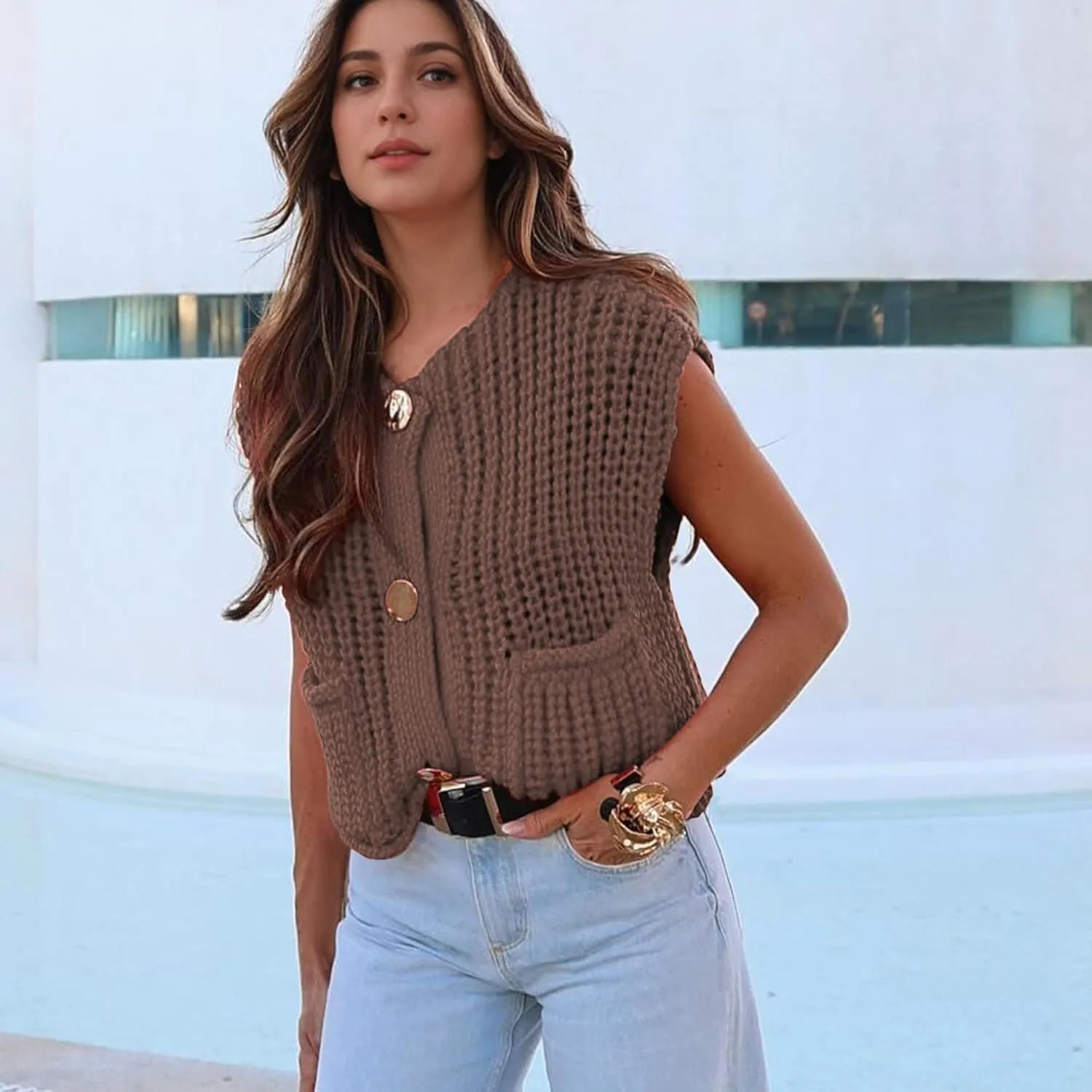Womens Sleeveless Crop Chunky Knit Cardigan Sweater Vest Trendy Button Down Crochet Knitted Vest Top with Pockets