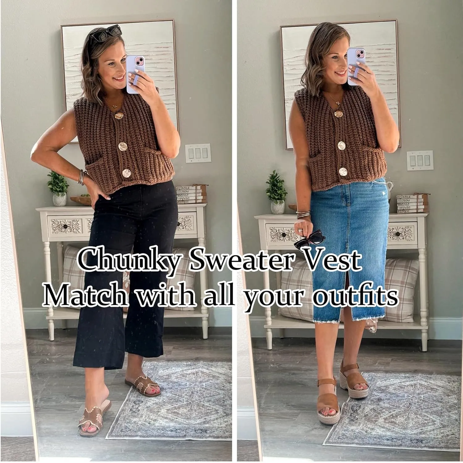 Womens Sleeveless Crop Chunky Knit Cardigan Sweater Vest Trendy Button Down Crochet Knitted Vest Top with Pockets