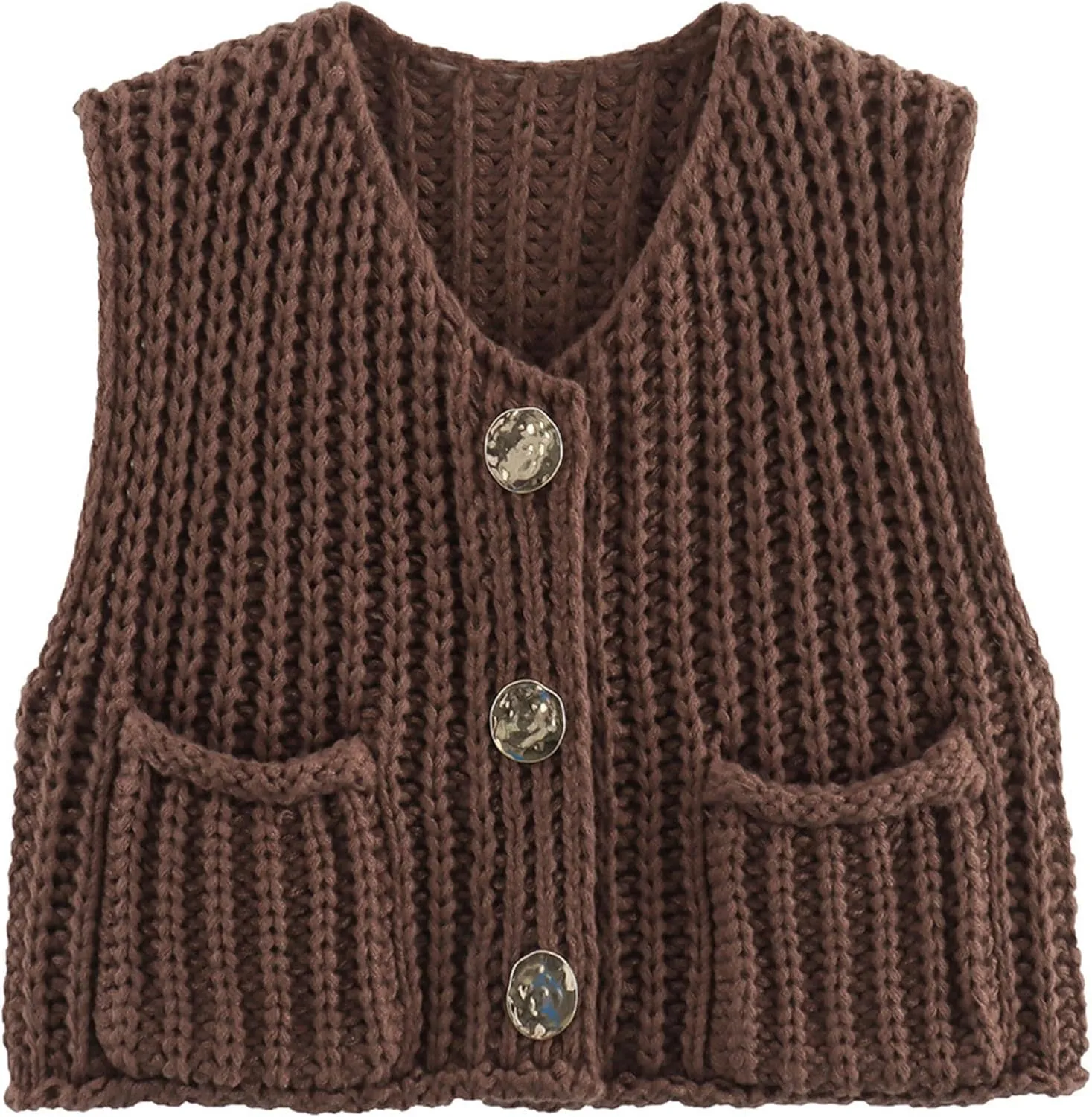Womens Sleeveless Crop Chunky Knit Cardigan Sweater Vest Trendy Button Down Crochet Knitted Vest Top with Pockets