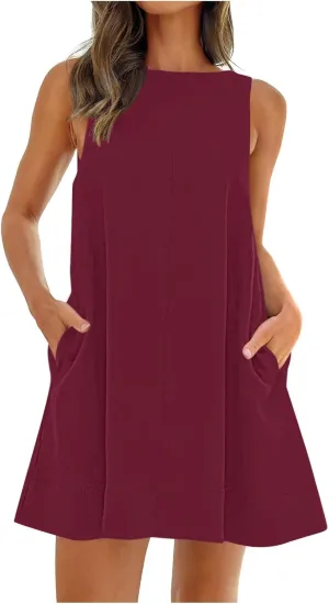 Womens Sleeveless Empire Waist Mini Dress Summer Pockets Mini Dress Comfy Flowy Dresses for Women Black Tank Dress