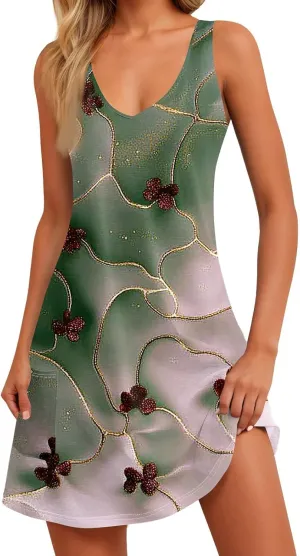 Women's Sleeveless Floral Print Summer Dress, Casual V-Neck A-Line Summer for Beach and Vacation