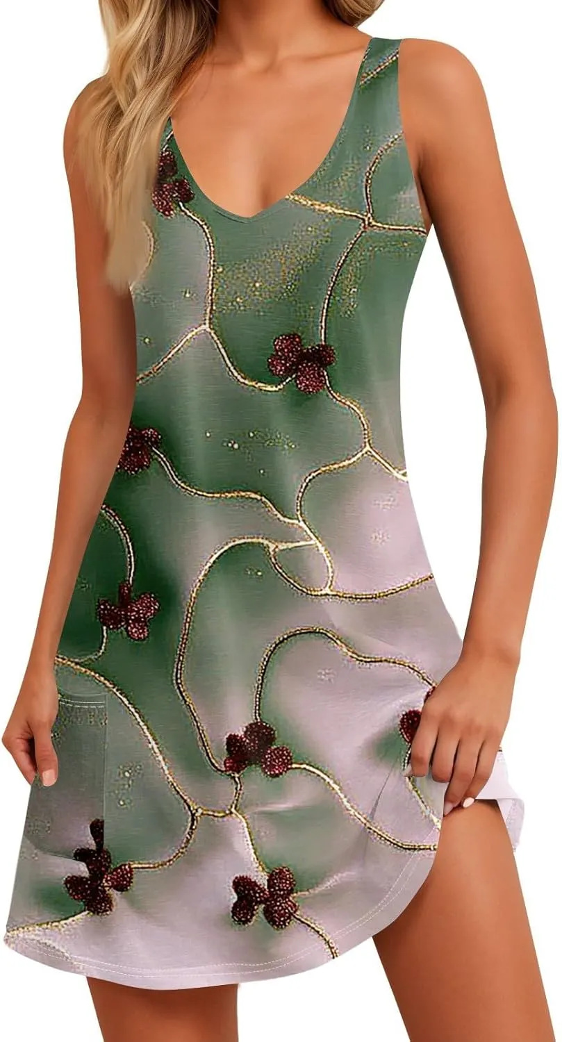 Women's Sleeveless Floral Print Summer Dress, Casual V-Neck A-Line Summer for Beach and Vacation