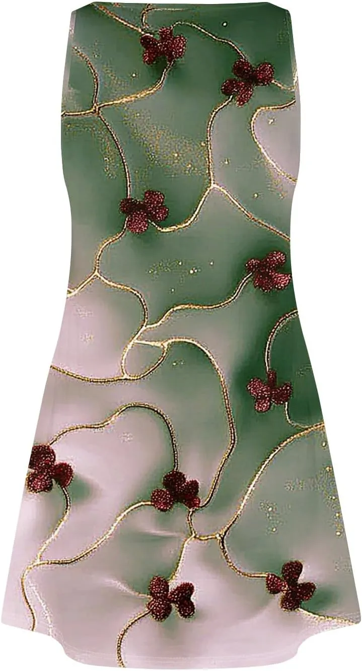 Women's Sleeveless Floral Print Summer Dress, Casual V-Neck A-Line Summer for Beach and Vacation