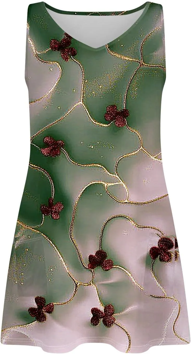 Women's Sleeveless Floral Print Summer Dress, Casual V-Neck A-Line Summer for Beach and Vacation