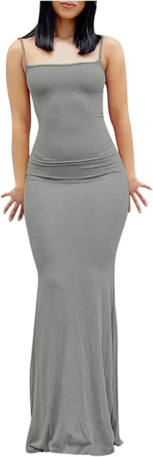Womens Spaghetti Strap Bodycon Maxi Dress Summer Casual Sleeveless Long Beach Dresses Ruched Elegant Evening Dress