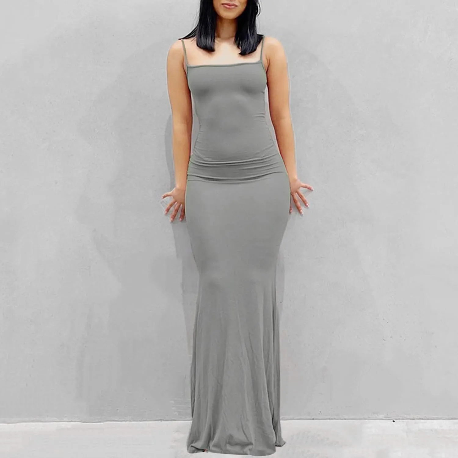 Womens Spaghetti Strap Bodycon Maxi Dress Summer Casual Sleeveless Long Beach Dresses Ruched Elegant Evening Dress