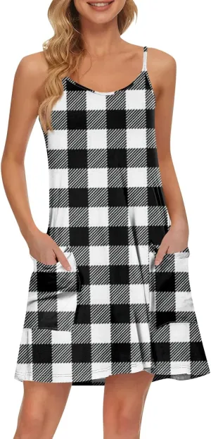 Women's Spaghetti Strap Dress Summer Color Block Print Sleeveless Sundress Casual Vacation Beach Dresses with Pockets