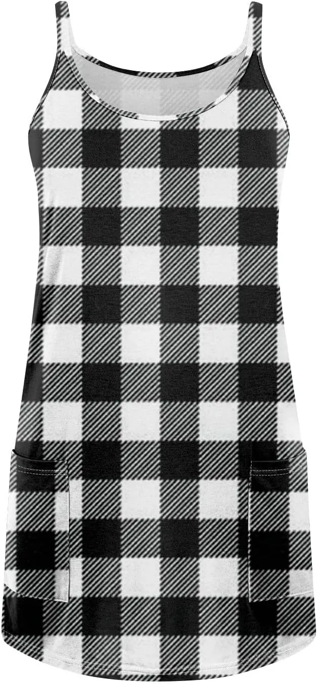 Women's Spaghetti Strap Dress Summer Color Block Print Sleeveless Sundress Casual Vacation Beach Dresses with Pockets