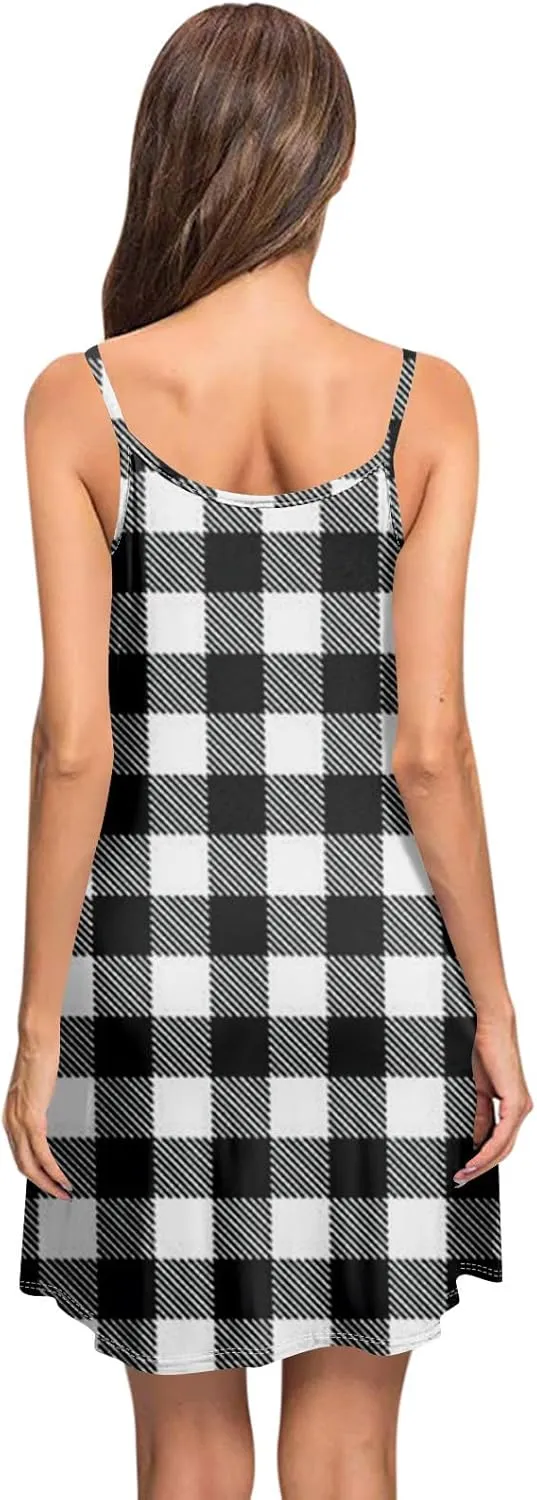 Women's Spaghetti Strap Dress Summer Color Block Print Sleeveless Sundress Casual Vacation Beach Dresses with Pockets