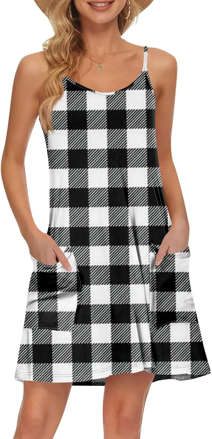 Women's Spaghetti Strap Dress Summer Color Block Print Sleeveless Sundress Casual Vacation Beach Dresses with Pockets