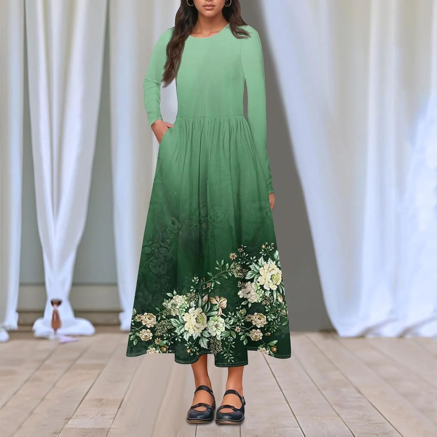 Womens Spring Dresses 2025 Long Sleeve O Neck Midi Trendy Summer Elegant Boho Holiday Fitted Dress