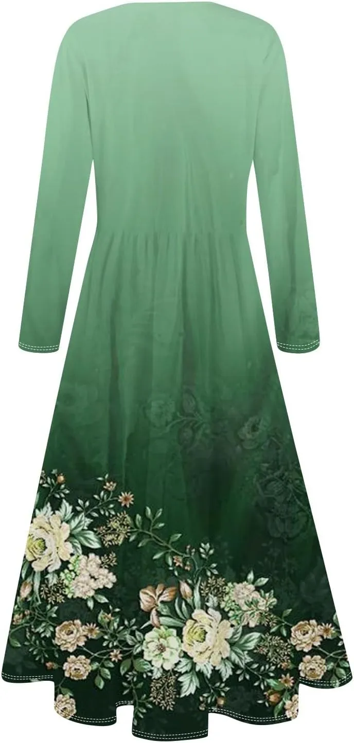 Womens Spring Dresses 2025 Long Sleeve O Neck Midi Trendy Summer Elegant Boho Holiday Fitted Dress
