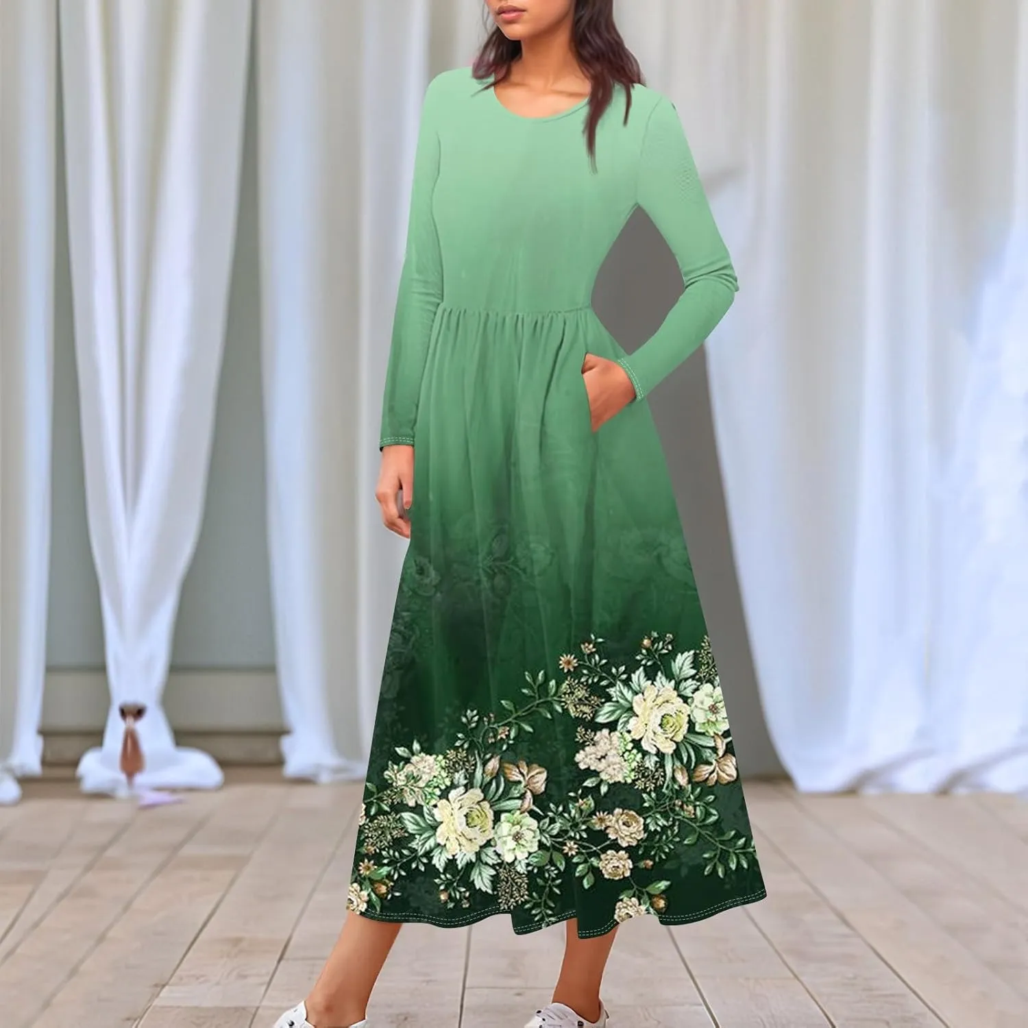 Womens Spring Dresses 2025 Long Sleeve O Neck Midi Trendy Summer Elegant Boho Holiday Fitted Dress