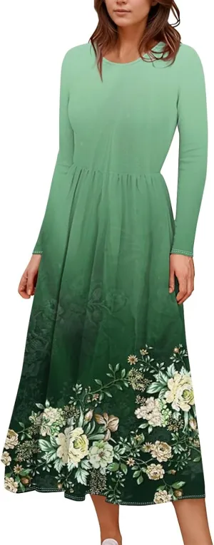 Womens Spring Dresses 2025 Long Sleeve O Neck Midi Trendy Summer Elegant Boho Holiday Fitted Dress