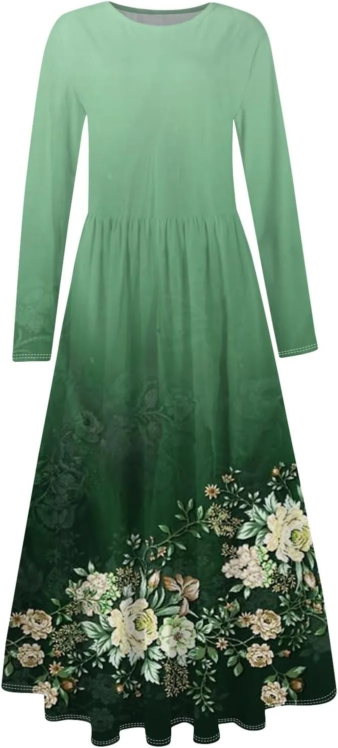 Womens Spring Dresses 2025 Long Sleeve O Neck Midi Trendy Summer Elegant Boho Holiday Fitted Dress