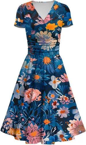 Womens Spring Dresses Sexy Deep V Neck Dress 2024 Trendy Short Sleeve Casual Dresses Plus Size Flowy Tunic Dresses