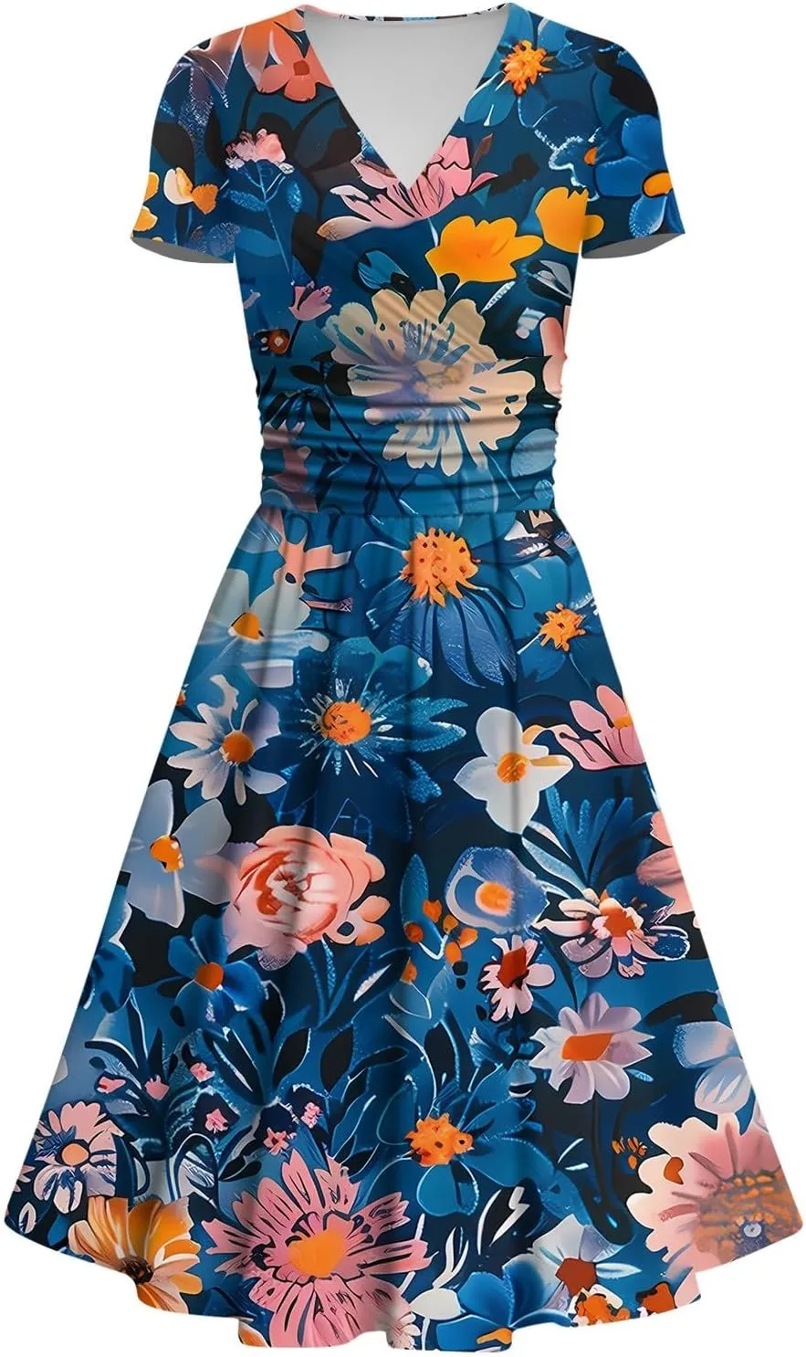 Womens Spring Dresses Sexy Deep V Neck Dress 2024 Trendy Short Sleeve Casual Dresses Plus Size Flowy Tunic Dresses