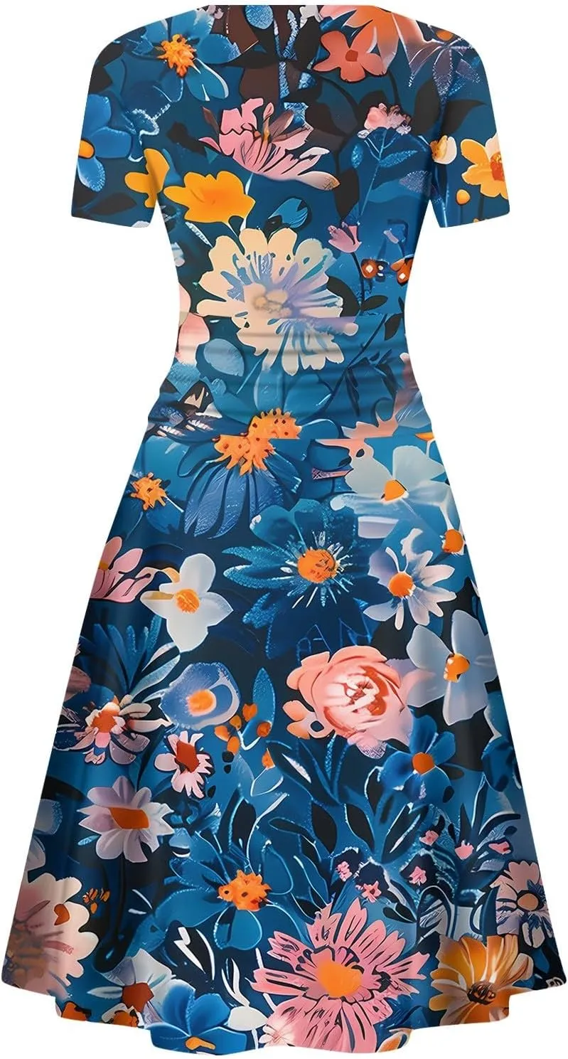 Womens Spring Dresses Sexy Deep V Neck Dress 2024 Trendy Short Sleeve Casual Dresses Plus Size Flowy Tunic Dresses