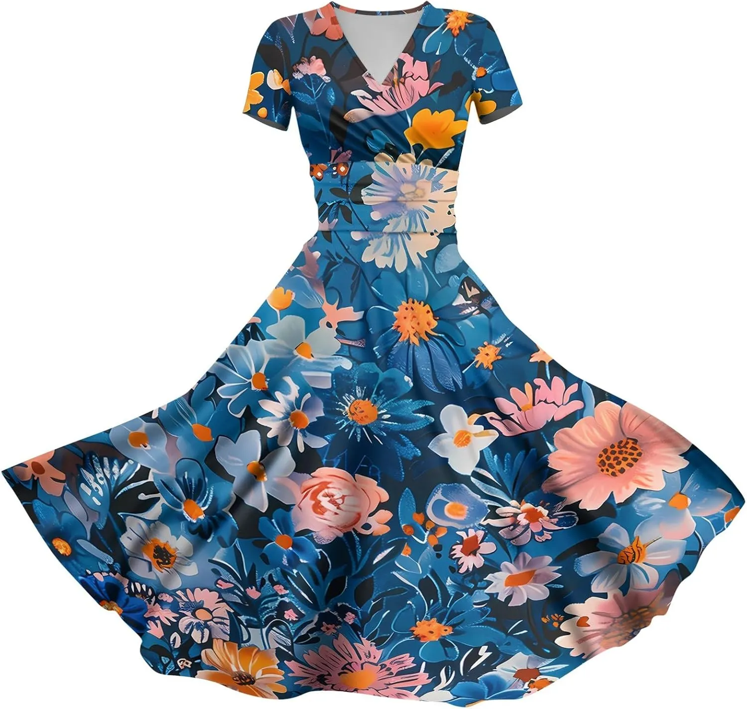 Womens Spring Dresses Sexy Deep V Neck Dress 2024 Trendy Short Sleeve Casual Dresses Plus Size Flowy Tunic Dresses
