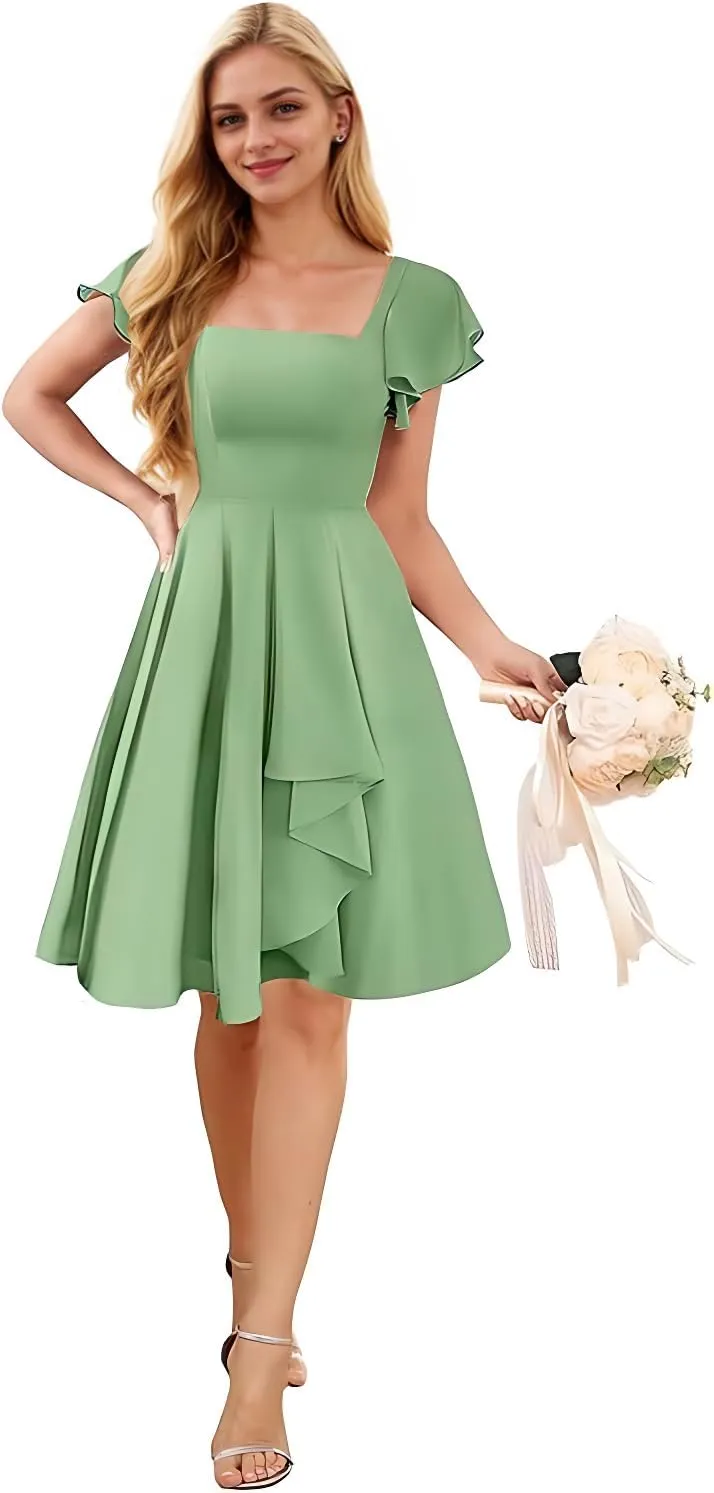 Womens Square Neck Short Bridesmaid Dresses 2025 A Line Chiffon Formal Cocktail Party Dress with Sleeve