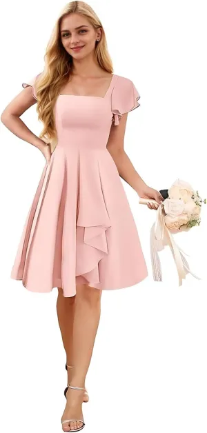 Womens Square Neck Short Bridesmaid Dresses 2025 A Line Chiffon Formal Cocktail Party Dress with Sleeve