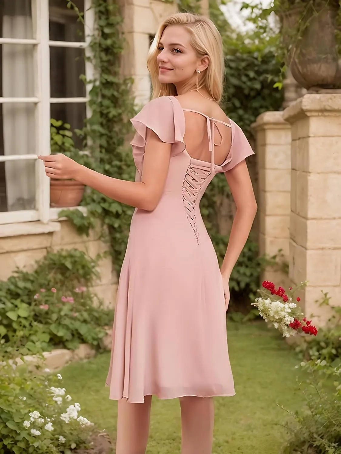 Womens Square Neck Short Bridesmaid Dresses 2025 A Line Chiffon Formal Cocktail Party Dress with Sleeve