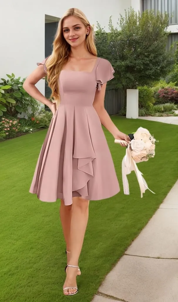 Womens Square Neck Short Bridesmaid Dresses 2025 A Line Chiffon Formal Cocktail Party Dress with Sleeve