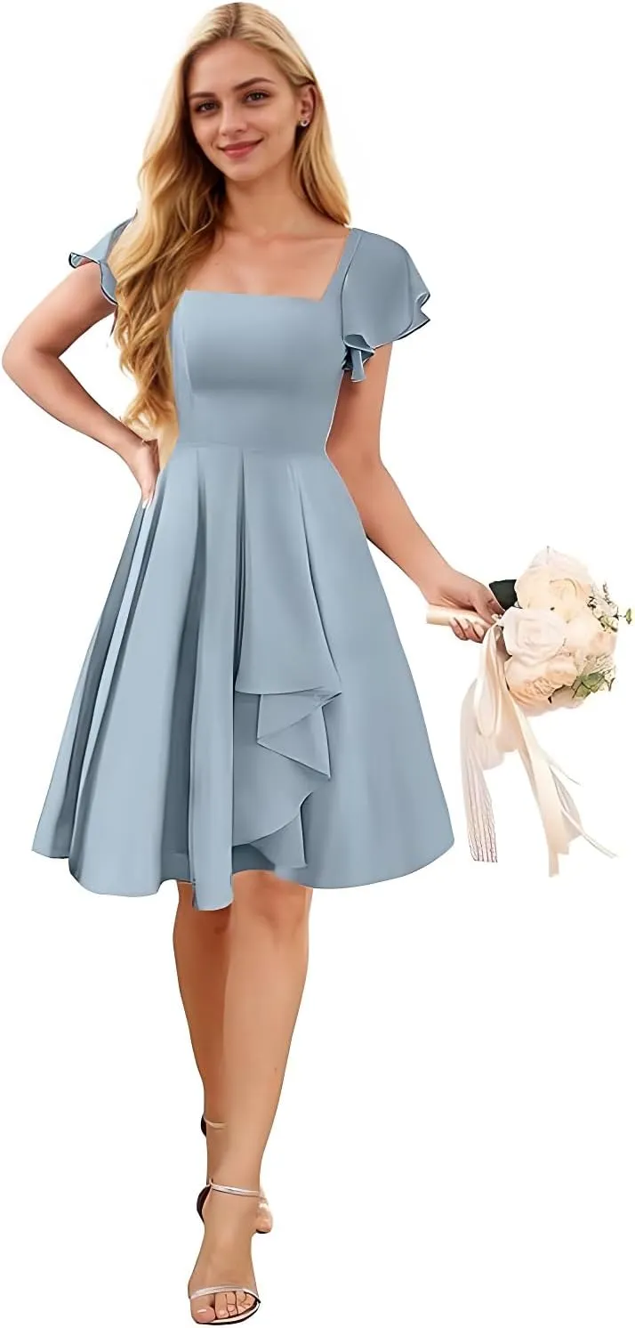 Womens Square Neck Short Bridesmaid Dresses 2025 A Line Chiffon Formal Cocktail Party Dress with Sleeve