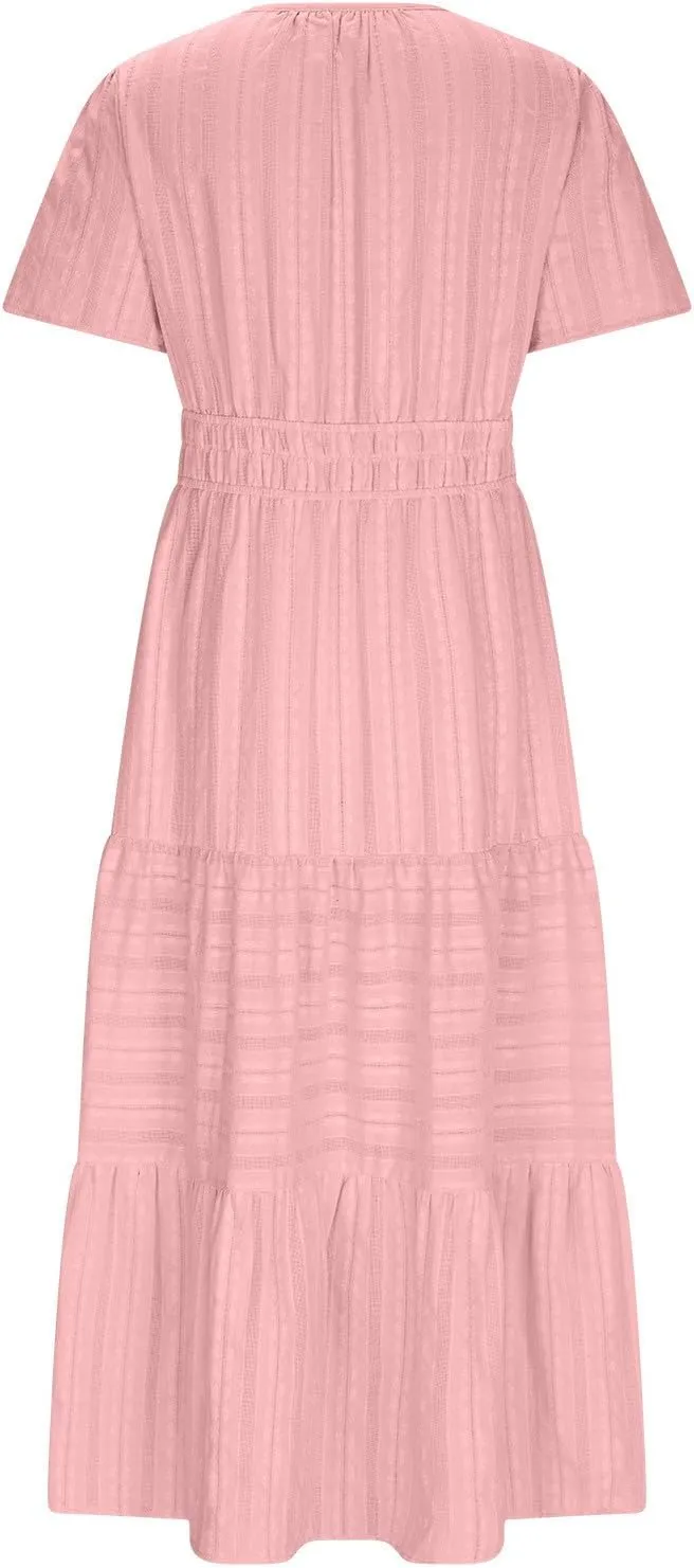 Womens Summer 2025 Casual Midi Dresses Lightweight Short Sleeve V Neck Elastic Waist Boho Beach Dress with Pockets