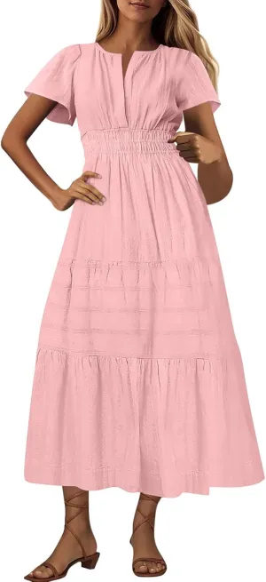 Womens Summer 2025 Casual Midi Dresses Lightweight Short Sleeve V Neck Elastic Waist Boho Beach Dress with Pockets