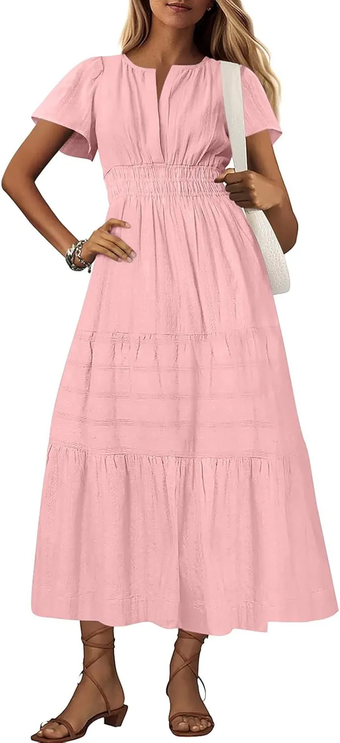 Womens Summer 2025 Casual Midi Dresses Lightweight Short Sleeve V Neck Elastic Waist Boho Beach Dress with Pockets