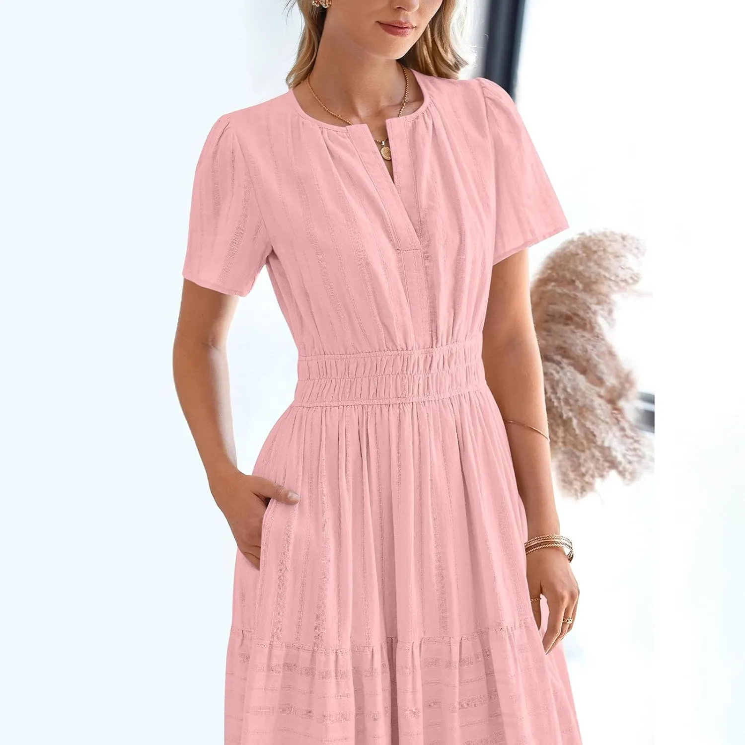 Womens Summer 2025 Casual Midi Dresses Lightweight Short Sleeve V Neck Elastic Waist Boho Beach Dress with Pockets