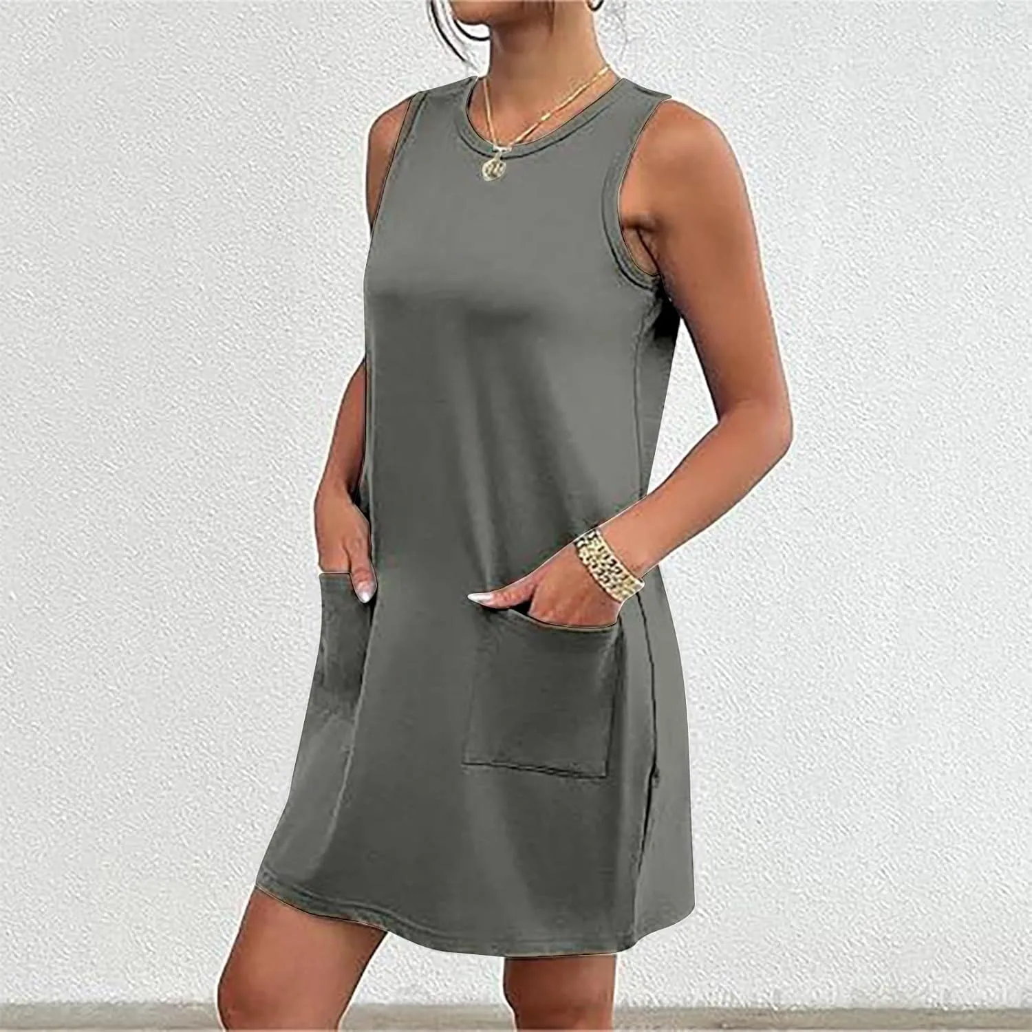 Womens Summer Bodycon Sundress with Pockets Slim Fit Mini Solid Tank Sleeveless Crewneck Casual Dress Sexy Dress