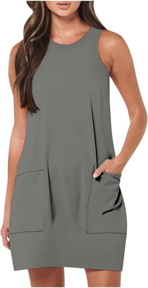 Womens Summer Bodycon Sundress with Pockets Slim Fit Mini Solid Tank Sleeveless Crewneck Casual Dress Sexy Dress