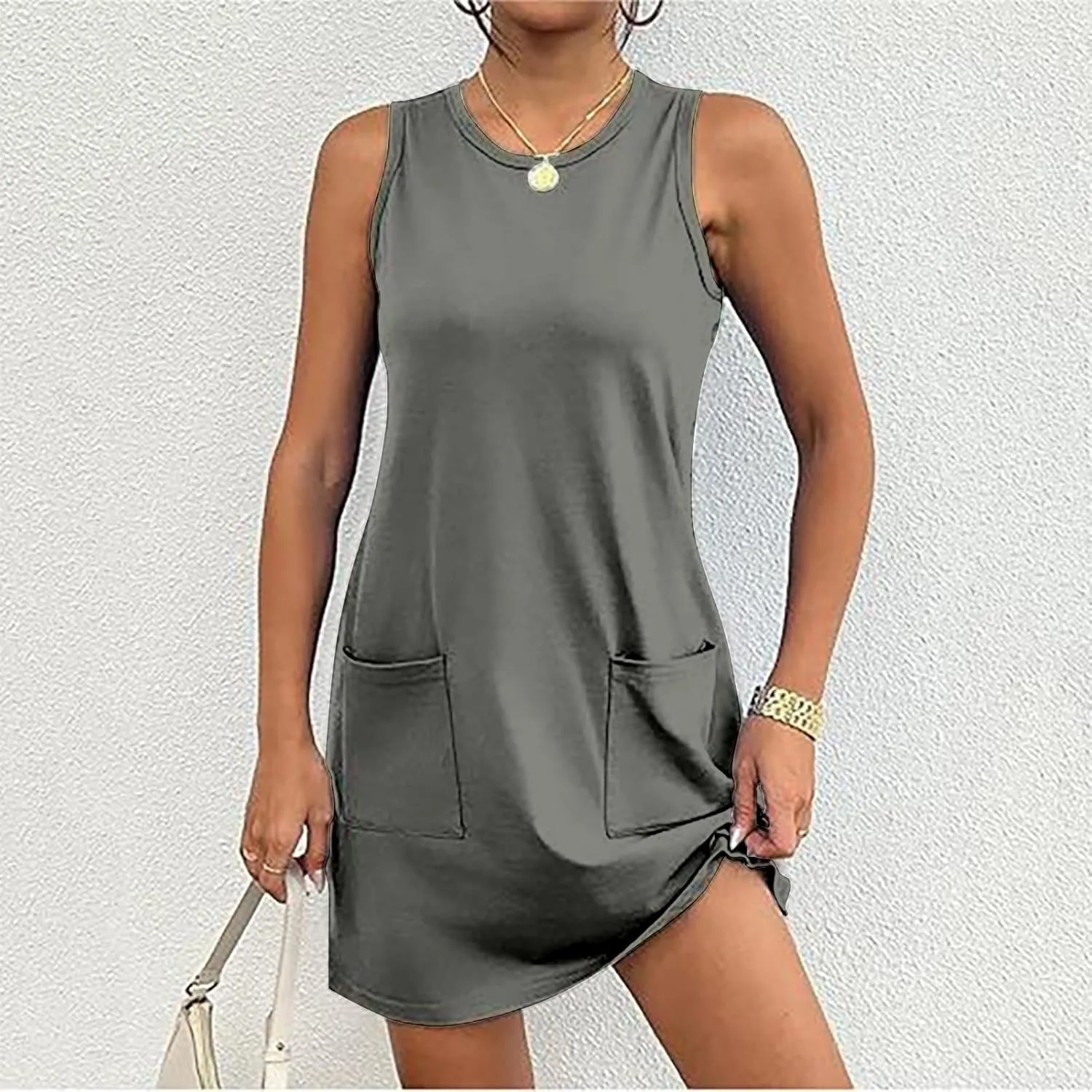 Womens Summer Bodycon Sundress with Pockets Slim Fit Mini Solid Tank Sleeveless Crewneck Casual Dress Sexy Dress