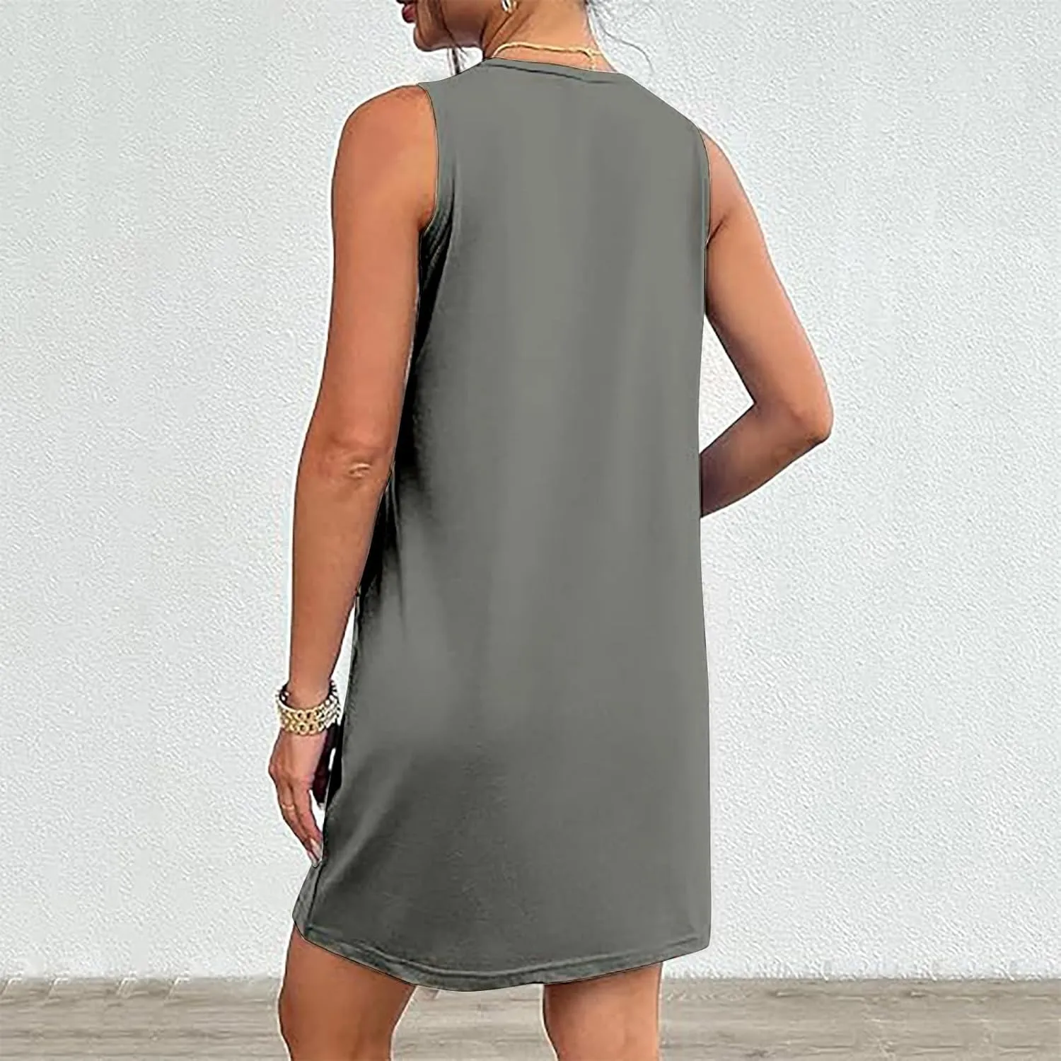 Womens Summer Bodycon Sundress with Pockets Slim Fit Mini Solid Tank Sleeveless Crewneck Casual Dress Sexy Dress